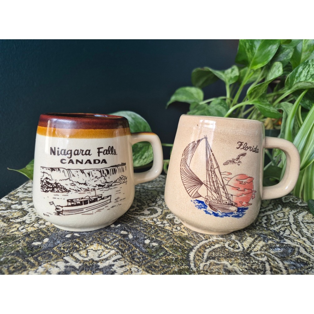 Vintage Niagara Falls Canada & Florida Souvenir Mug‎ Set Crackle Glaze Ceramic